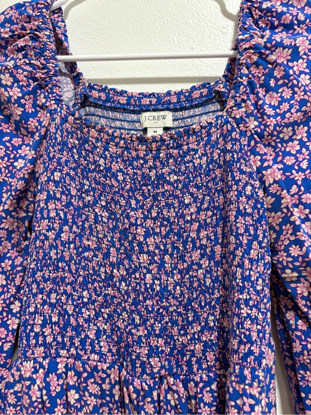 J. Crew Blue Floral Square-Neck Midi Dress with Pink Blossoms - Picture 3 of 4